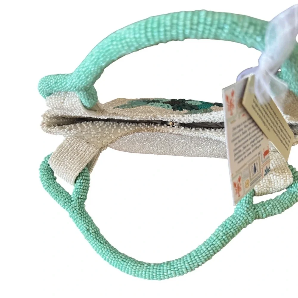 Viral Handcrafted Turtle Patchwork Green  Mint Teal Beaded White Tote Bag NWT